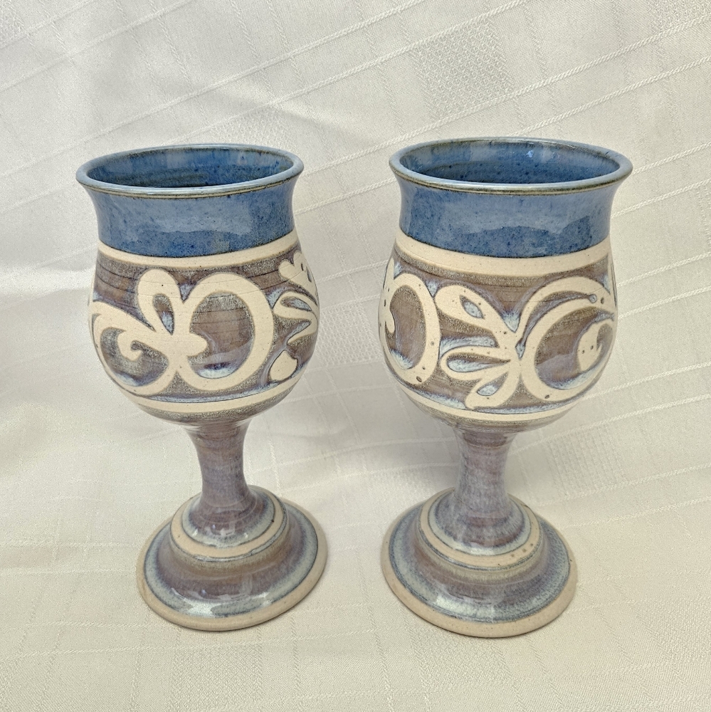 Vintage Stoneware Blue Turquoise Gray Wine Goblet Chalice Art Pottery Set of 2